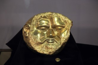 Gold mask of a Thracian king on display in Kazanlak museum, Bulgaria, Europe