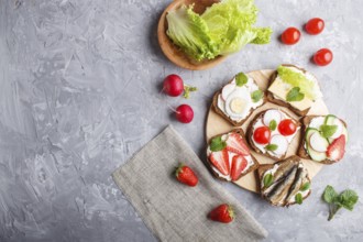 Set of different sandwiches with cheese, radish, lettuce, strawberry, sprats, tomatoes and cucumber