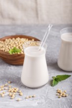 Organic non dairy soy milk in glass and wooden plate with soybeans on a gray concrete background.