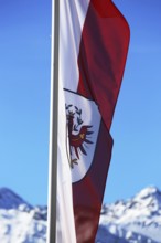 Österreichische Flagge mit schneebeckten Bergen im Hintergrund (Austrian flag with snow-covered