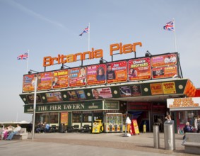 Britannia Pier with posters for nationally known performers and celebrities, Great Yarmouth,