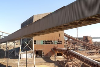 Heavy industry conveyor belts of opencast mineral extraction in the Minas de Riotinto mining area,