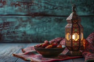 Ramadan lantern with a plate of succulent figs, set on an ornate table with intricate designs,