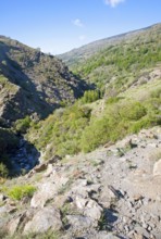 Landscape of the River Rio Poqueira gorge valley, High Alpujarras, Sierra Nevada, Granada Province,