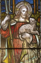 Stained glass window of Jesus Christ the Good Shepherd, Christian Malford church, Wiltshire,