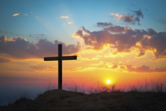 Easter concept cross on Golgotha Calvary hill against a dramatic sunset, AI generated