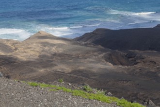 View from the Mirador de Barlovento of volcanic landscape, with the Atlantic Ocean behind,