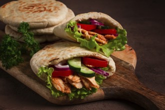 Shawarma in pita bread, chicken, with vegetables, homemade, no people