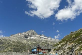 Entrance to the ice grotto in the Rhone Glacier, Furka Pass, Belvédère, Obergoms, Valais,