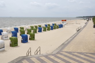 Beach chairs in a row, Empty beach, North Sea coast, Wyk, Föhr, North Sea island, North Frisia,