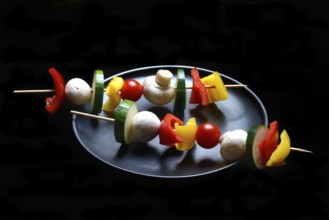 Colourful vegetable skewers on a plate, barbecue skewers