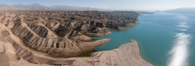 Aerial view, erosion landscape on the Naryn River, Toktogul Reservoir, Kyrgyzstan, Asia