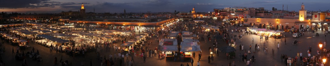 Restaurants in the evening on the Djemaa el Fna square in Marrakech, Morocco, Africa