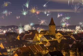 Fireworks on New Year's Eve, view of Korb-Steinreinach in the Rems valley, church tower, Rems-Murr