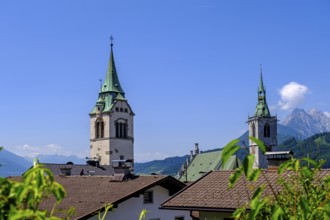 Cemetery tower and tower of the parish church, old town centre, Schwaz, Inntal, Tyrol, Austria,