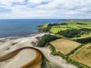 River Emme and Red Cove from a drone, Mothecombe, Plymouth, South Devon, England, United Kingdom,