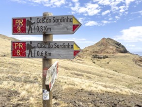 Signpost for the PR 8 hiking trail on the Vereda Ponta de São Lourenço, Caniçal, Madeira, Portugal,