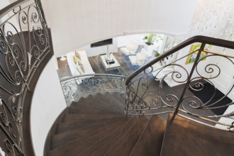 Looking down spiraling wooden staircase with wrought iron balusters onto entry way and living room