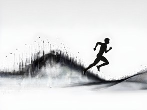 Wave of data points shaping into a runners silhouette, abstract illustration in black and white,