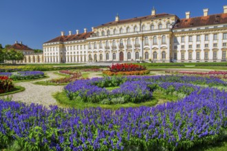 Garden parterre with flowerbeds in front of the New Palace in the Schleissheim Palace complex,