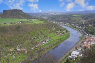 View over the Elbe River from the Konigstein fortress on top of the Elbe sandstone mountains,