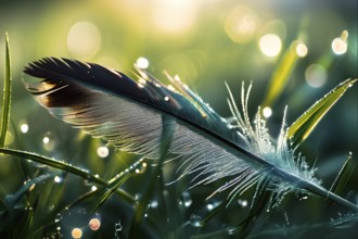 A lone feather resting gently on a dew-covered grassy field, with soft morning light illuminating