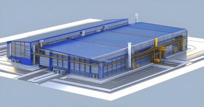 Three dimensional rendering of a model of a modern factory, AI generated