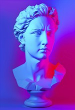 Three dimensional rendering of broken bust with illumination against colored background, AI