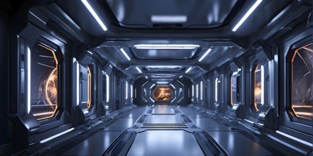 Three dimensional render of futuristic corridor inside a spaceship or space station, AI generated