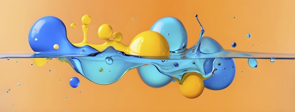 Abstract wallpaper with colorful turquoise and yellow blobs and liquid shapes on a orange