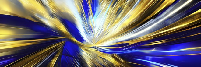 Abstract Illustration of energetic and dynamic swirl of gold, silver, and deep blue hues,