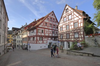 Half-timbered houses and people in the Kirchstraße, Meersburg, Obersee, Lake Constance, Lake