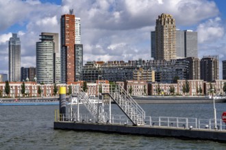 Harbour basin of the Maashaven, inland waterway port, jetties, residential buildings in the Kop van