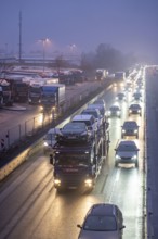 Heavy traffic on the A2 at the Bottrop-Süd service area, overcrowded lorry parking in the evening,