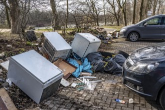 Illegal waste disposal in a car park, in a wooded area, tyres, furniture, refrigerators, household