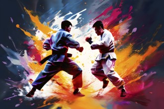 Illustration of dynamic fighters mid action on a vibrant splash paint background, AI generated