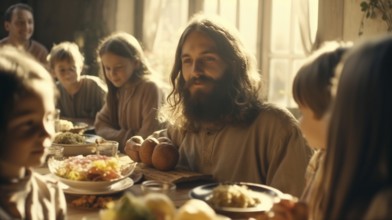 Jesus sits at a table with several children during a meal, generatvie AI, AI generated