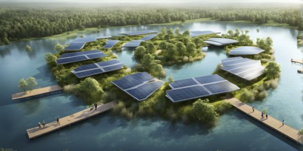 3d rendering of a sustainable engaged waterfront development with floating solar panels, AI