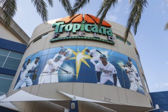 Logo and display above entrance to Tropicana Field Stadium in St. Petersburg, Florida, USA, North