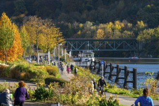 The Kettwig reservoir, dammed Ruhr in the south of Essen, catering ship Thetis, towpath, Essen,