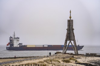 Thick fog in winter, hangs over the mouth of the Elbe into the North Sea, sea mark and landmark