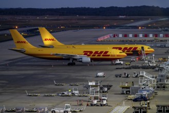 DHL cargo aircraft on the apron of the logistics centre, cargo centre, Cologne-Bonn Airport, North