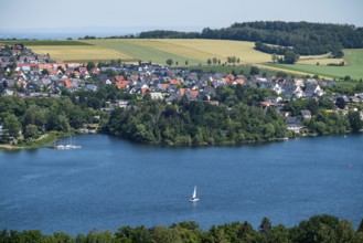 Lake Möhne, reservoir in the northern Sauerland, northern shore, the village of Körbecke, North