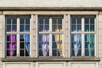 Window with curtains in primary colours, colour design, printing colours, colour, colourful,