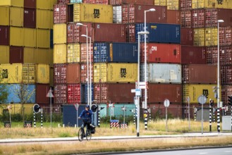 Europoort harbour, Waalhaven area, large container stack, warehouse, at RST Container Terminal,