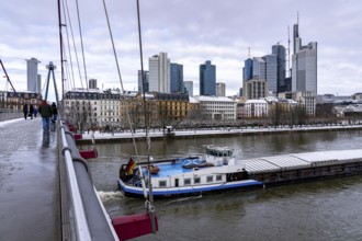 Winter in Frankfurt, view of the skyline of the city centre, from the Holbeinsteg foot and cycle