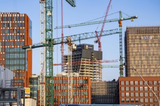 Construction sites in the east of Hafencity Hamburg, office building, new district on the Elbe, on