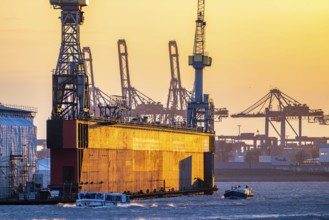 Port of Hamburg, view of the Blohm + Voss shipyard, Dock 11, evening, cranes of the container