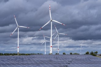 Solar park and wind farm near Morschheim, part of the municipality of Kirchheimbolanden,