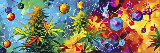 Abstract painting of chemical structure of thc and cbd interlocking geometric shapes, AI generated